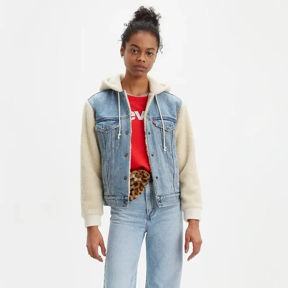 Levi's Premium Ex-Boyfriend Sherpa Hooded Trucker Jean Jacket Medium - Picture 2 of 16